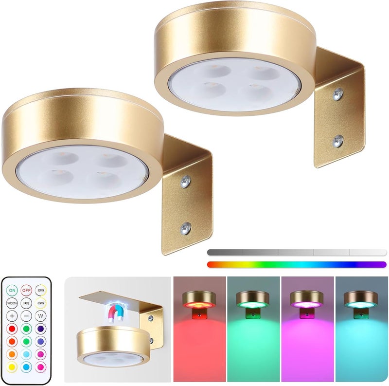 KELUOLY 2-Pack Picture Light Battery Operated Painting Lights, 13 Color RGB Magnetic LED Display Art Light with Remote, Dimmable and Timer Portrait Light for Art Frame Artworking, Wall Decor Puck Light, Gold - Image 1